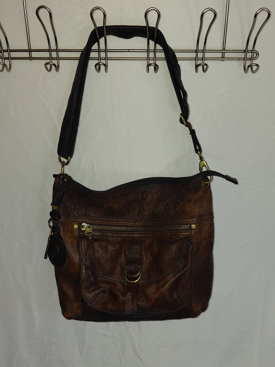 Fossil Handbags - Fossil Distressed Brown Leather Shoulder Bag with Brass Accents